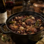 A traditional French coq au vin grandmother-style recipe simmering in a cast iron cocotte, with rich burgundy wine sauce, pea