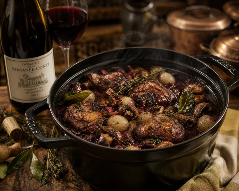 A traditional French coq au vin grandmother-style recipe simmering in a cast iron cocotte, with rich burgundy wine sauce, pea