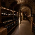 A vaulted wine cellar with bottles softly illuminated by a focused LED light while the surrounding racks remain in protective