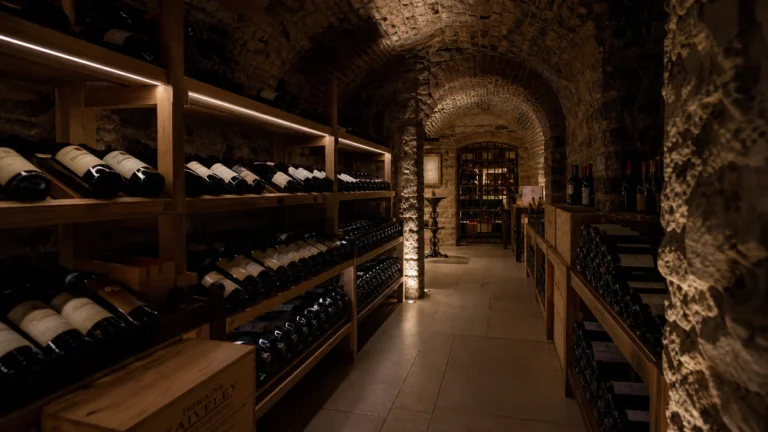 A vaulted wine cellar with bottles softly illuminated by a focused LED light while the surrounding racks remain in protective
