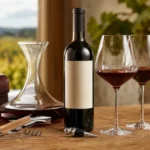 An elegant selection of practical wine tools, glasses, a decanter, and a Savoy wine bottle arranged as a sommelier gift on a