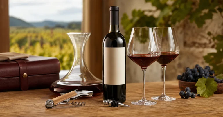 An elegant selection of practical wine tools, glasses, a decanter, and a Savoy wine bottle arranged as a sommelier gift on a