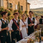 Traditional French village celebration in the Beaujolais wine region with young adults in festive attire gathered on a cobble