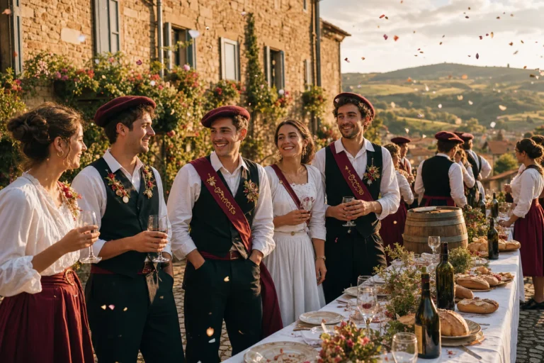 Traditional French village celebration in the Beaujolais wine region with young adults in festive attire gathered on a cobble