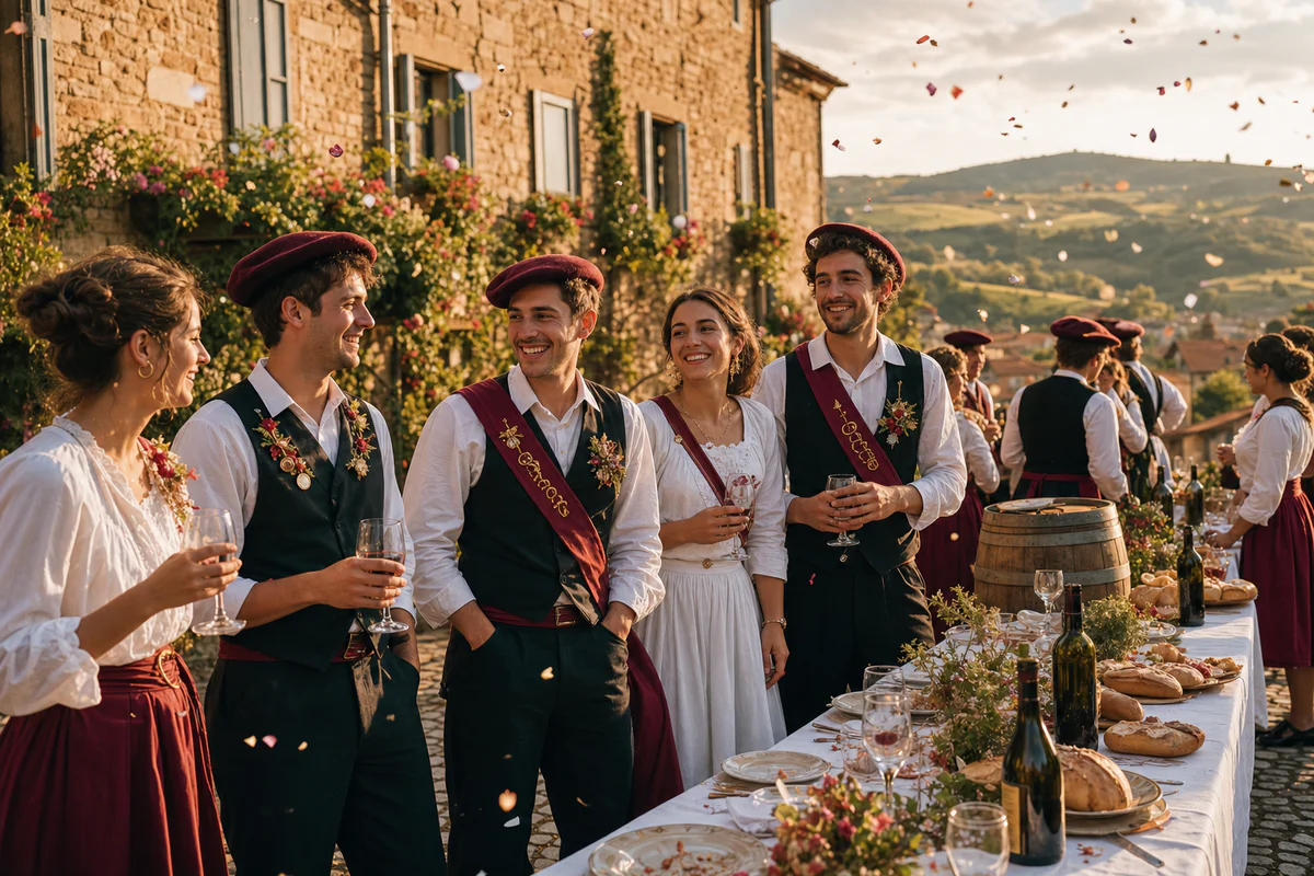 Traditional French village celebration in the Beaujolais wine region with young adults in festive attire gathered on a cobble