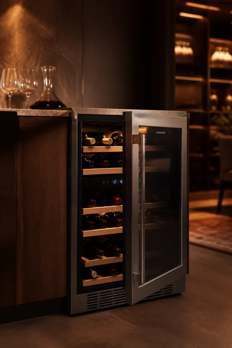Elegant modern 18-bottle wine cooler with glass door in a sophisticated contemporary kitchen setting with warm ambient lighti