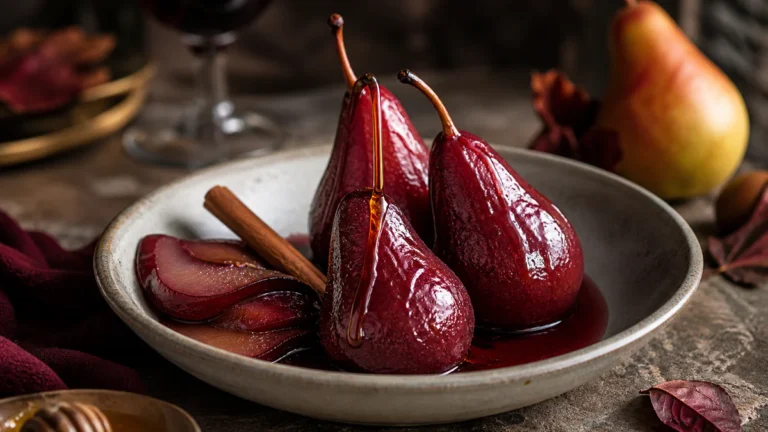 Whole pears poached in red wine and honey syrup with cinnamon in an elegant dessert bowl