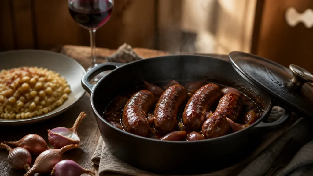 Cocotte de diots savoyards braisés au vin rouge et aux échalotes, servie avec des crozets.