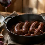 Cocotte de diots savoyards braisés au vin rouge et aux échalotes, servie avec des crozets.