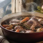 Traditional poule au vin rouge with tender chicken, vegetables, mushrooms, and herbs in a rich burgundy sauce, served in a ru