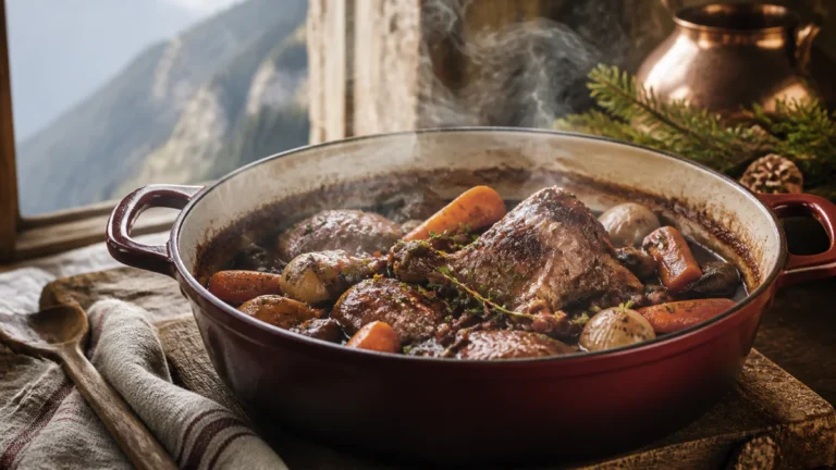 Traditional poule au vin rouge with tender chicken, vegetables, mushrooms, and herbs in a rich burgundy sauce, served in a ru
