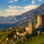 Panoramic view of the medieval stone towers of Chignin village overlooking terraced vineyards in the Savoie region of the Fre