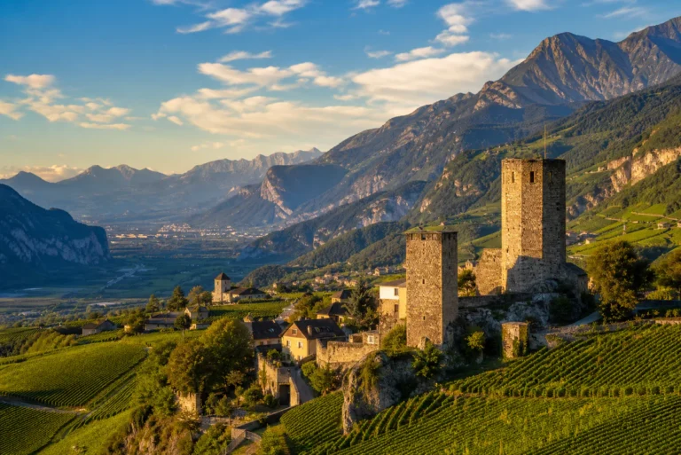 Panoramic view of the medieval stone towers of Chignin village overlooking terraced vineyards in the Savoie region of the Fre