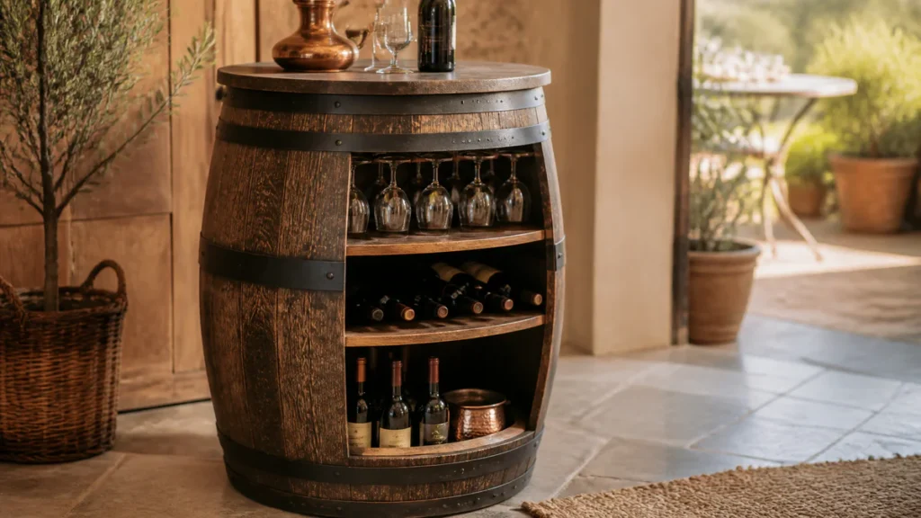 Tonneau de vin en bois restauré et transformé en bar avec plateau, rangement pour bouteilles et verres dans un intérieur chal