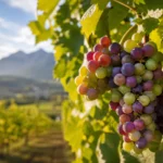 Gros plan d'une grappe de raisin en début de véraison, avec des baies vertes, jaunes et rouge violacé dans un vignoble savoya