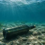 Une bouteille de vin couchée sur un fond sablonneux sous l'eau, éclairée par la lumière filtrant depuis la surface, illustran