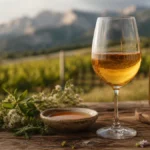 A glass of amber-gold honey mead beside honeycomb and a bowl of honey on a rustic table, with an alpine vineyard landscape so