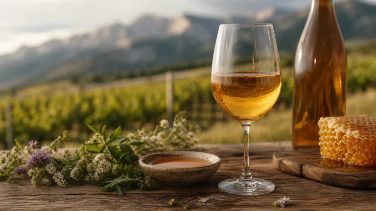 A glass of amber-gold honey mead beside honeycomb and a bowl of honey on a rustic table, with an alpine vineyard landscape so