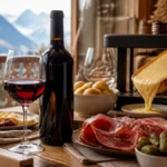 Bouteille et verre de vin rouge de Savoie servis avec une raclette, des pommes de terre et de la charcuterie sur une table en