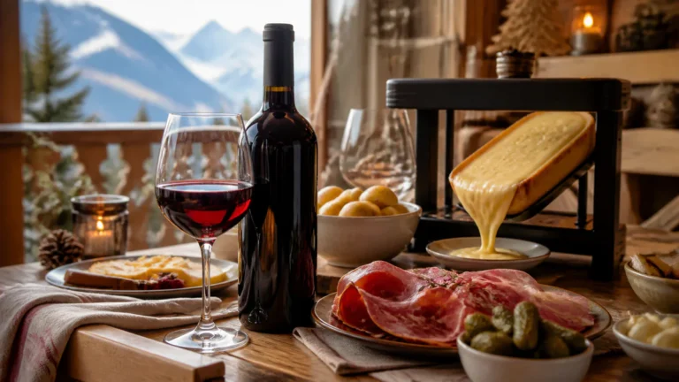 Bouteille et verre de vin rouge de Savoie servis avec une raclette, des pommes de terre et de la charcuterie sur une table en