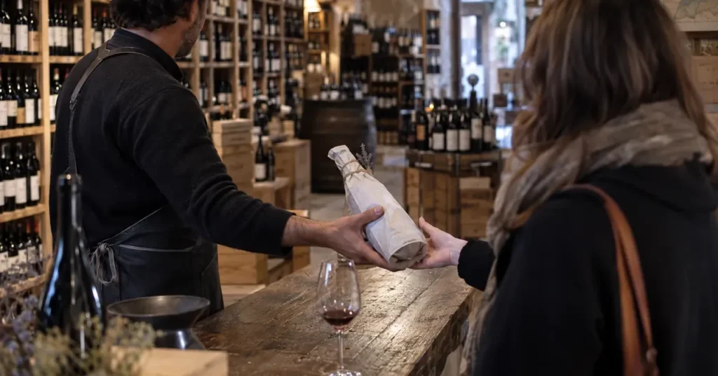 Bouteille de vin local remise au comptoir de dégustation