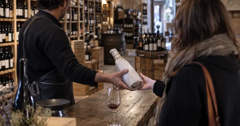 Bouteille de vin local remise au comptoir de dégustation