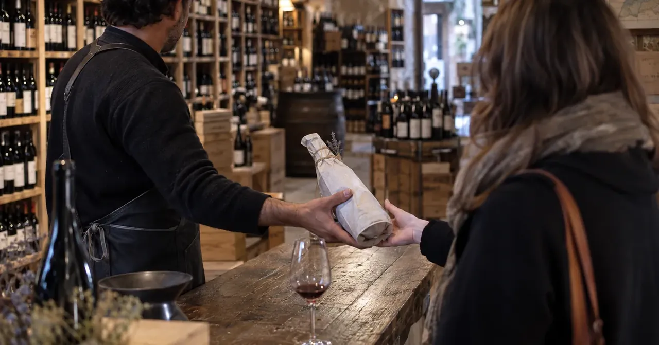 Bouteille de vin local remise au comptoir de dégustation