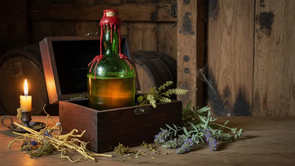 Still life photograph of a premium Chartreuse V.E.P. bottle emerging from its wooden presentation box with a red wax seal, su