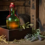 Still life photograph of a premium Chartreuse V.E.P. bottle emerging from its wooden presentation box with a red wax seal, su