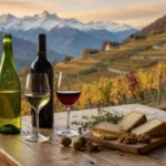 Composition élégante de vins de Savoie avec une bouteille de blanc Jacquère et une bouteille de rouge Mondeuse accompagnées d