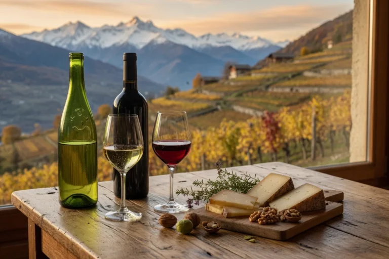 Composition élégante de vins de Savoie avec une bouteille de blanc Jacquère et une bouteille de rouge Mondeuse accompagnées d