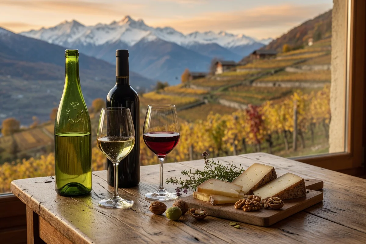 Composition élégante de vins de Savoie avec une bouteille de blanc Jacquère et une bouteille de rouge Mondeuse accompagnées d