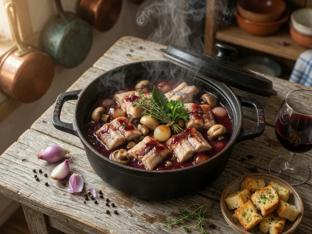 Traditional French eel matelote cooked in red wine served in a rustic cast-iron cocotte, with mushrooms, aromatic herbs, and