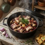 Traditional French eel matelote cooked in red wine served in a rustic cast-iron cocotte, with mushrooms, aromatic herbs, and