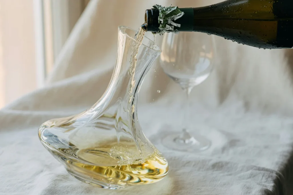 Crystal decanter being filled with pale golden white wine poured from a dark green wine bottle, captured in elegant editorial