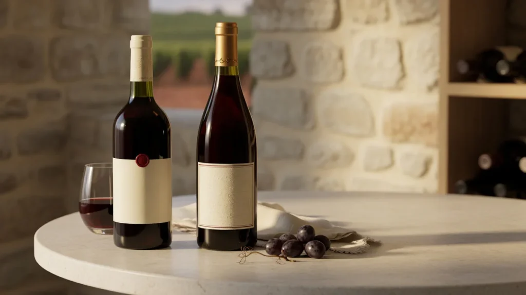 Two French wine bottles representing the range from accessible to premium Castel wines on a warmly lit cellar table.