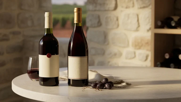 Two French wine bottles representing the range from accessible to premium Castel wines on a warmly lit cellar table.