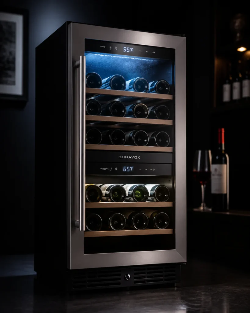 Cave à vin double zone Kalamera KRC-33BSS en acier inoxydable avec porte vitrée révélant deux compartiments de température di