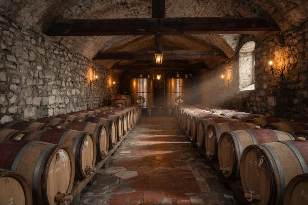 Interior view of a traditional Savoyard wine cellar with oak barrels aligned along ancient stone walls, warm golden lighting