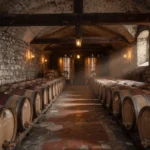 Interior view of a traditional Savoyard wine cellar with oak barrels aligned along ancient stone walls, warm golden lighting