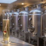 Modern white wine fermentation cellar with stainless steel tanks and a glass hydrometer measuring pale golden grape must, rep