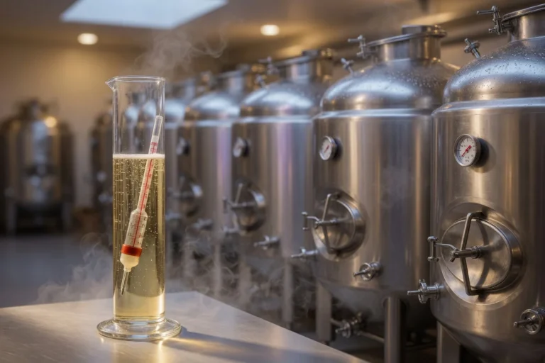 Modern white wine fermentation cellar with stainless steel tanks and a glass hydrometer measuring pale golden grape must, rep