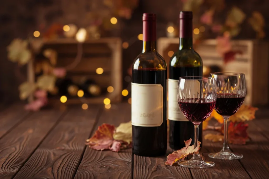 Elegant editorial photograph of premium French wine bottles displayed on a wooden table with crystal wine glasses, warm golde