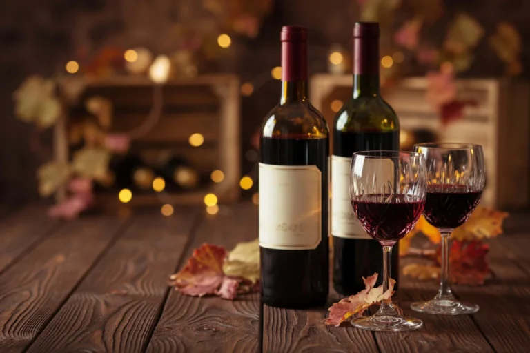 Elegant editorial photograph of premium French wine bottles displayed on a wooden table with crystal wine glasses, warm golde