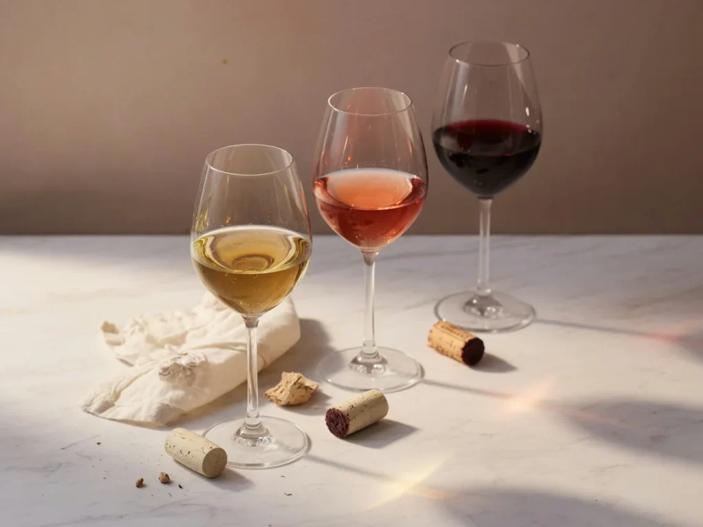 Three elegant stemmed wine glasses arranged on a marble surface, filled with white, rosé, and red wine, representing a 12 cl