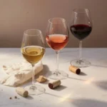 Three elegant stemmed wine glasses arranged on a marble surface, filled with white, rosé, and red wine, representing a 12 cl