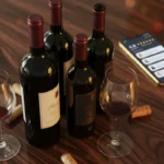 Curated selection of fine wine bottles on a dark walnut surface with warm golden lighting and a softly blurred smartphone in