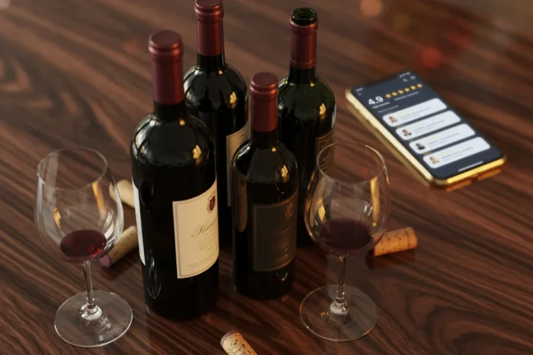 Curated selection of fine wine bottles on a dark walnut surface with warm golden lighting and a softly blurred smartphone in