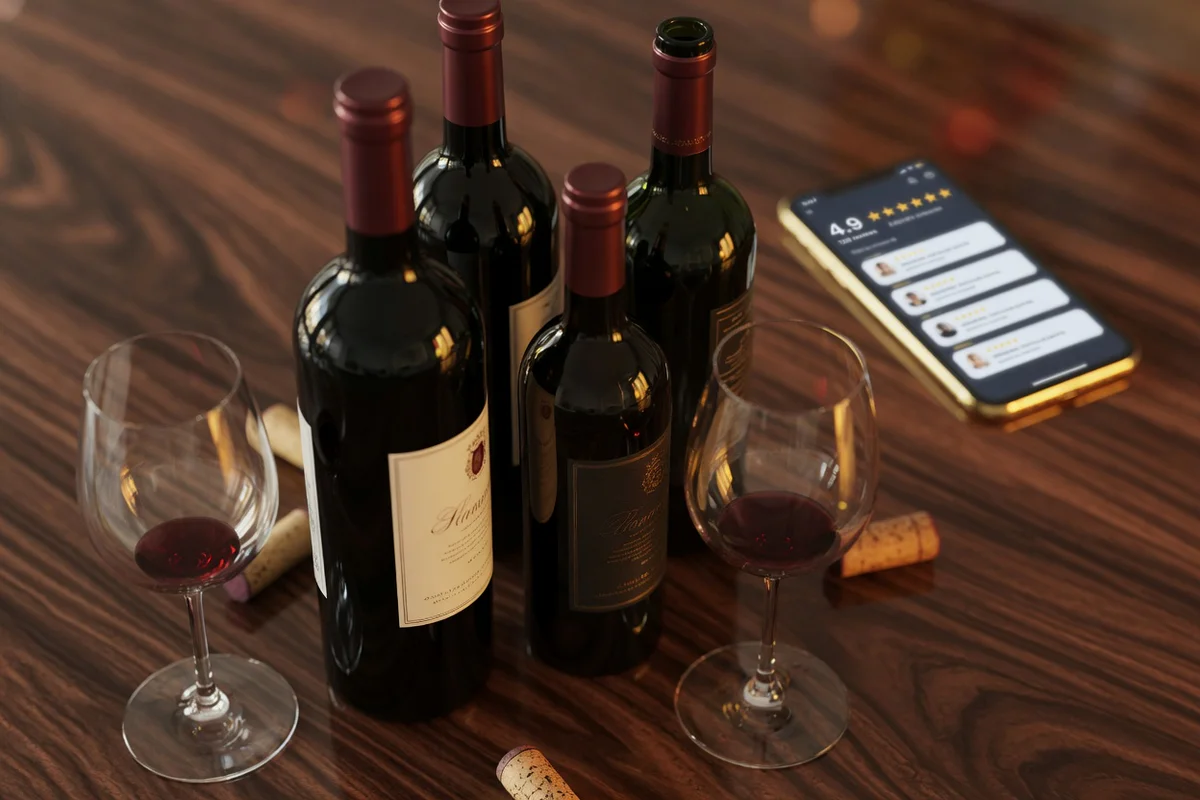 Curated selection of fine wine bottles on a dark walnut surface with warm golden lighting and a softly blurred smartphone in