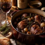 A rustic French bistro scene featuring a traditional cast iron cocotte of coq au vin with a glass of red Burgundy wine, surro
